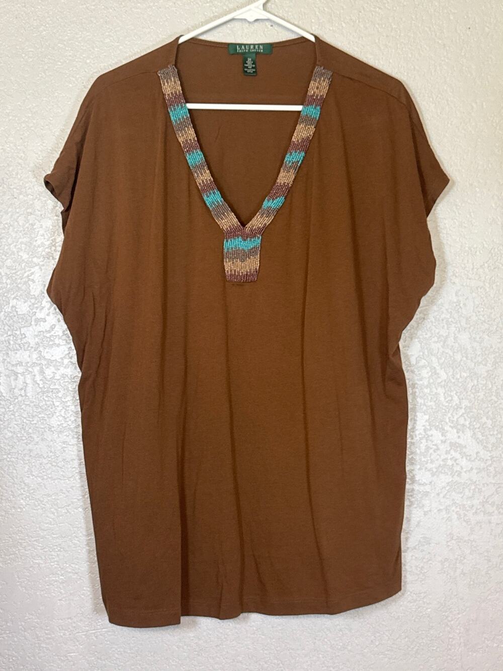 Lauren Ralph Lauren Brown Beaded Southwester Blouse Womens 2X Vintage Cotton